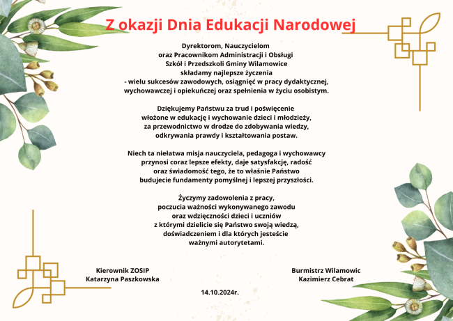 Życzenia z okazji Dnia Edukacji Narodowej.