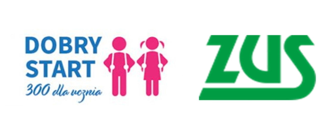 Zielone logo ZUSoraz różowa grafika dziewczynki i chłopczyka z napisem: "Dobry Start 300 dla ucznia"
