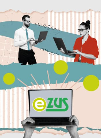 Grafika przedstawia kobietę i mężczyznę z laptopami