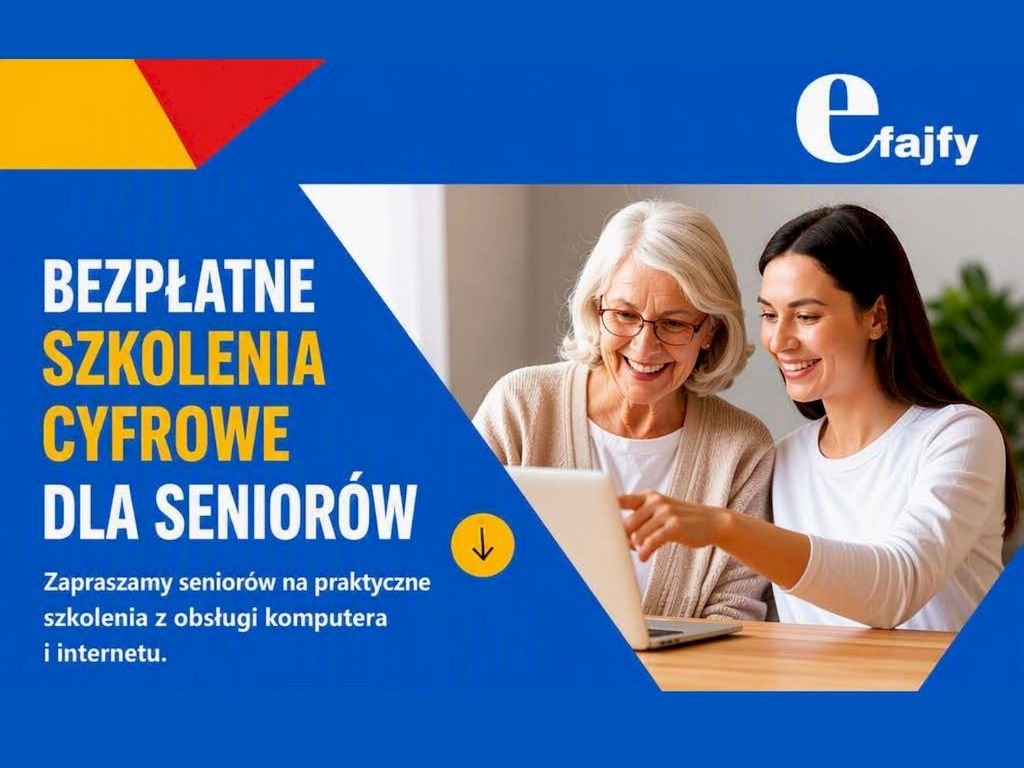 Seniorka z laptopem z instruktorką informatyczną. Napis: "Bezpłatne szkolenie cyfrowe dla seniorów"